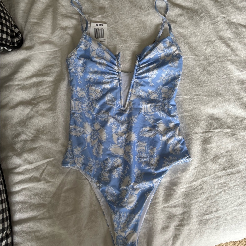 L*Space Blue with White Floral Deep V One Piece Swimsuit